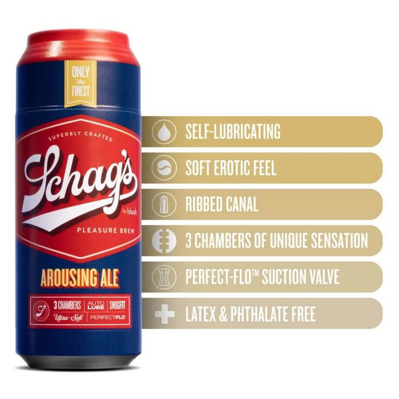 The Blush Schag's Beer Stroker up against a white background. Features of the beer can are listed out to the right of the product. The features include "Self-lubricating, Soft erotic feel, Ribbed canal, 3 chambers of unique sensation, Perfect-flo suction valve, Latex & Phthalate-free". | Kinkly Shop