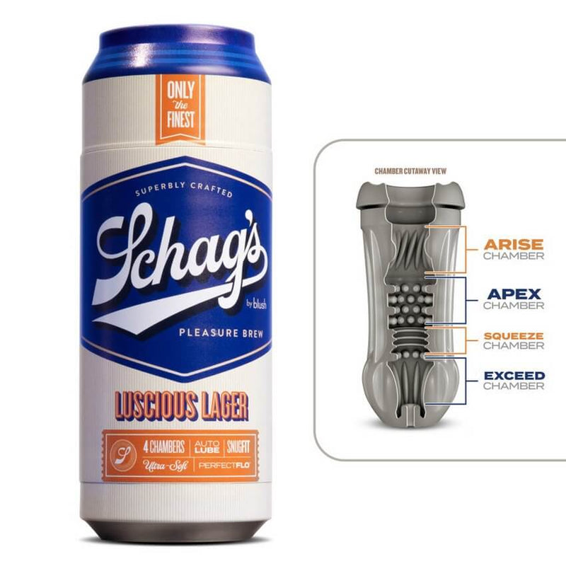 The Blush Schag's Beer Stroker in Luscious Lager against a white background. A cross-section of the internal texture is shown to the right of the toy with the four different internal chambers clearly labeled. | Kinkly Shop