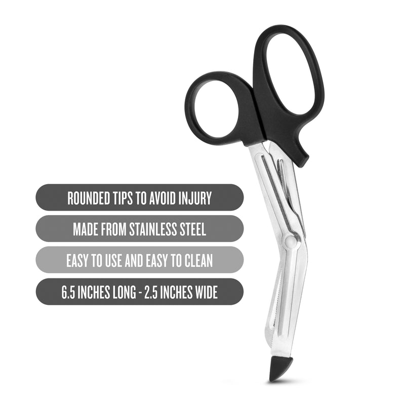 Image shows the Blush Safety Shears next to bubbles that describe its benefits. Benefits include rounded tips to avoid injury, made from stainless steel, easy to use and easy to clean, and 6.5 inches long and 2.5 inches wide. | Kinkly Shop