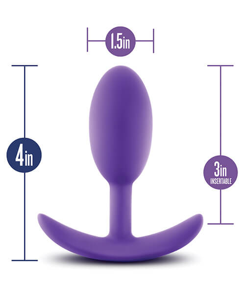 Blush Luxe Vibra Slim in Purple in the Medium size with measurements superimposed over the butt plug. This plug is 1.5" in diameter, 4" in total length, and 3" in insertable length. | Kinkly Shop