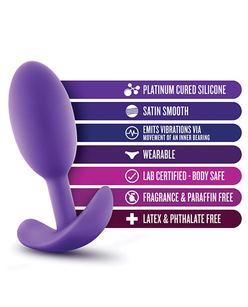 Blush Luxe Vibra Slim superimposed over a list of benefits that the sex toy has. Benefits written on the image include Platinum Cured Silicone, Satin Smooth, Emits Vibrations via Movement of an Inner Bearing, Wearable, Lab-Certified Body Safe, Fragrance & Paraffin Free, and Latex & Phthalate Free. | Kinkly Shop
