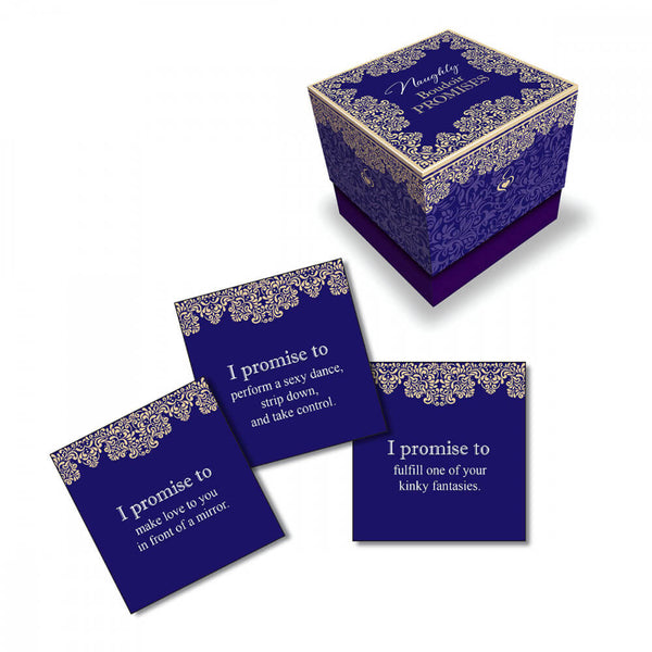The box for the Boudoir Promises set with three example cards laid out in front of it. They say: "I promise to make love to you in front of a mirror. I promise to perform a sexy dance, strip down, and take control. I promise to fulfill one of your kinky fantasies." | Kinkly Shop