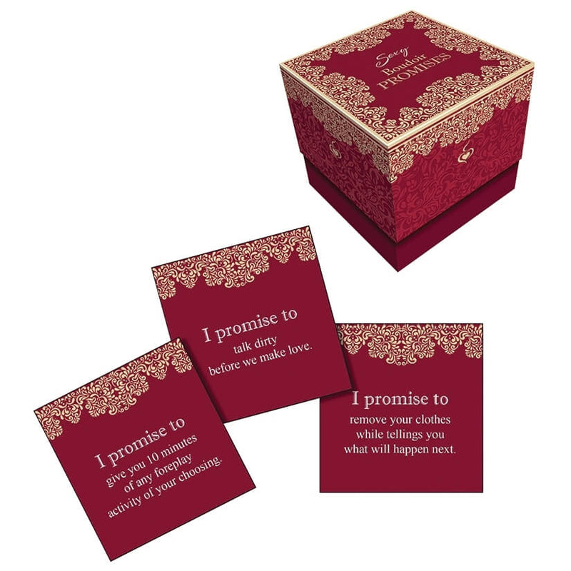 The box for the Boudoir Promises set with three example cards laid out in front of it. They say: "I promise to give you 10 minutes of any foreplay of your choosing. I promise to talk dirty before we make love. I promise to remove your clothes while telling you what will happen next." | Kinkly Shop