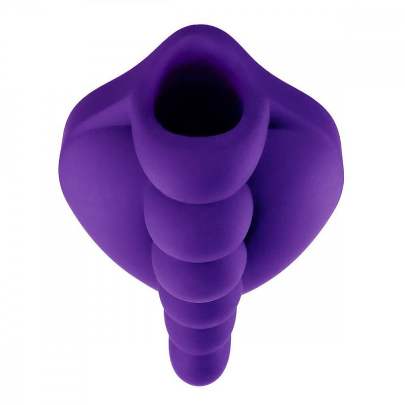Top-down view of the Honeybunch Dildo Base Attachment for Pegging Pleasure in purple. This angle shows how the interior of the HoneyBunch is hollow and open for a vibrator. | Kinkly Shop