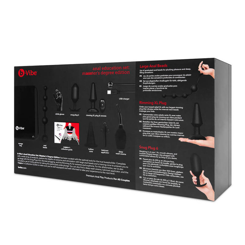 Backside of the packaging of the b-Vibe mASSter's Degree Anal Set. This displays all of the items included within the kit. | Kinkly Shop