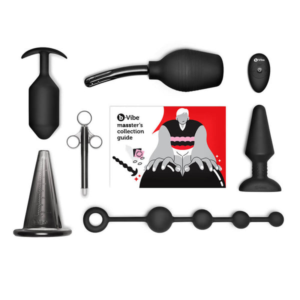 Everything included in the b-Vibe mASSter's Degree Anal Set laid out flat against a white background. It shows the Snug Plug, hollow stretching cone, lube shooter, enema bulb and tip, Rimming Plug XL, remote for Rimming Plug, XL anal beads, and illustrated collection guide. | Kinkly Shop