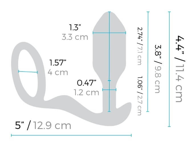 The measurements of the b-Vibe Vibrating Snug and Tug in Medium. All of the information is written in the product description. | Kinkly Shop