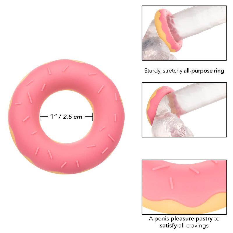 Collage of images that display aspects of the Naughty Bits Dickin' Donuts. All of these images are available on their own as other images on the product page. There is a measurement superimposed over the hollow open internal circle of the Naughty Bits Dickin' Donuts that states "1" / 2.5cm". Other text on the image reads "Sturdy, stretchy all-purpose ring. A penis pleasure pastry to satisfy all cravings." | Kinkly Shop