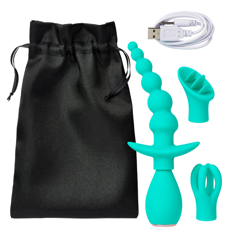 Cloud 9 3-Tip Massager Kit in Teal sitting next to its vibrator accessories including a drawstring storage bag and a vibrator charging cable | Kinkly Shop