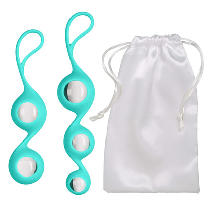 The two silicone sleeves shown filled with kegel balls and displayed next to the drawstring storage pouch that comes with the Cloud 9 Borosilicate Kegel Training Set | Kinkly Shop