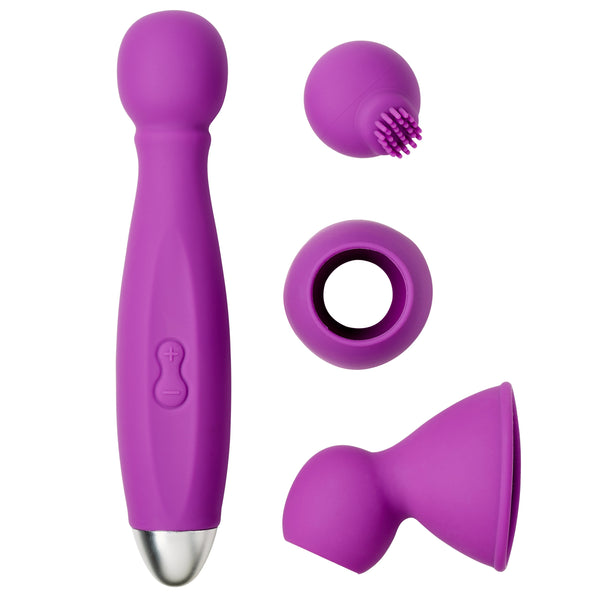Lay flat image that shows the wand massager and all wand massager attachments of the Cloud 9 Flexible Head Wand Kit | Kinkly Shop
