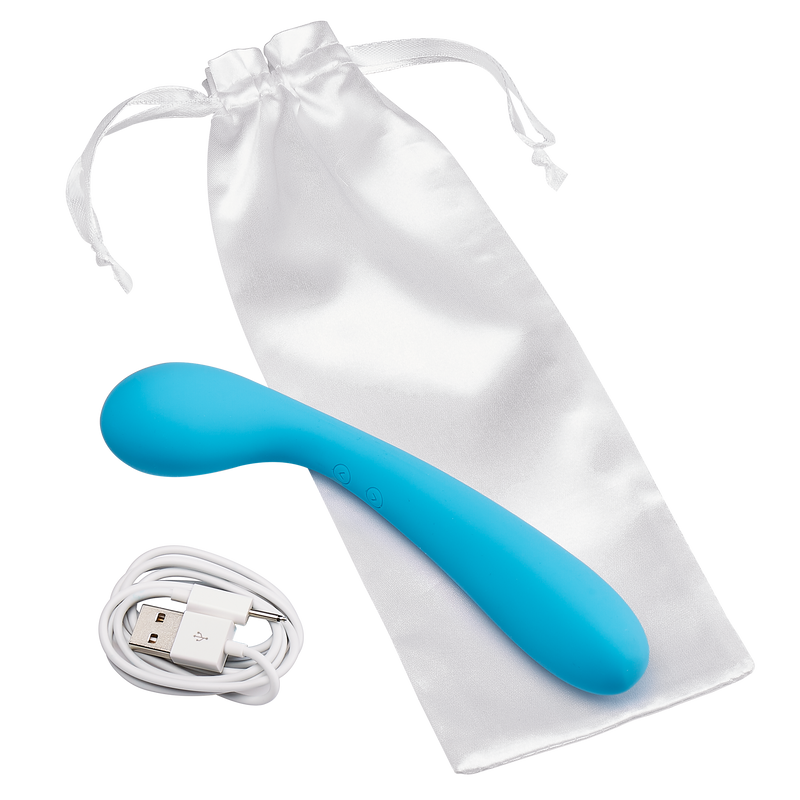 Cloud 9 G-Spot Slim Double sided vibrator sitting on top of a drawstring bag with its charging cable nearby | Kinkly Shop