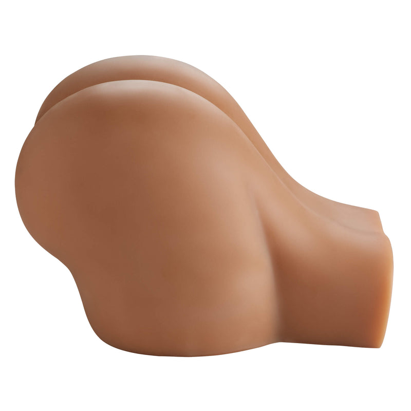 Side view of the Cloud 9 Life-Size Portable Sex Doll in Brown. This shows the sex doll's proportions and where the doll cuts off. The doll has an extremely large, curvy butt, and the doll ends right along the upper thighs and right at the lower back. This wider base helps the portable sex doll stay stable during use. | Kinkly Shop