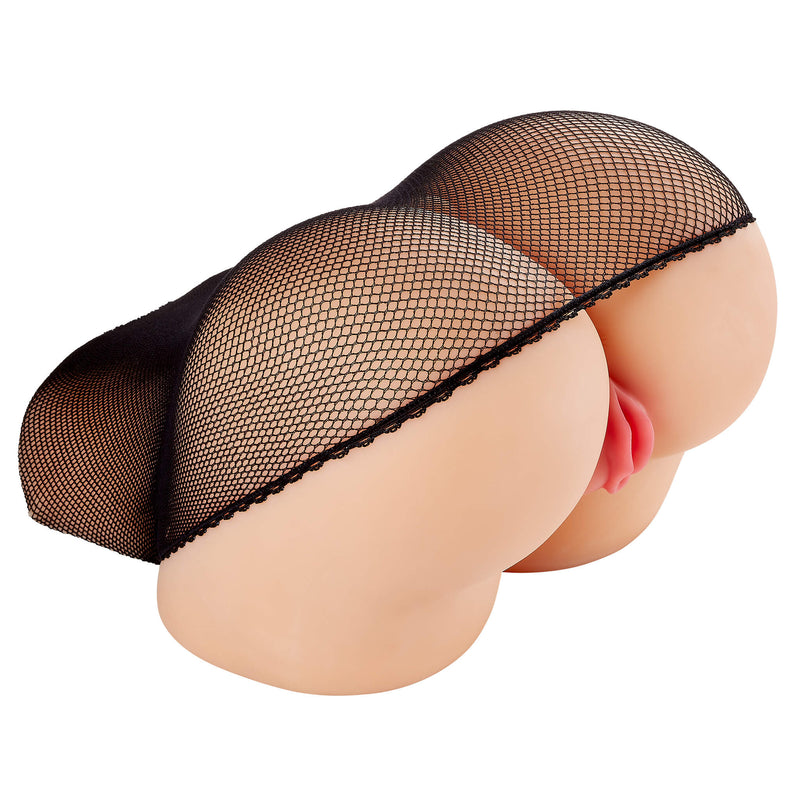 Image of the Cloud 9 Life-Size Portable Sex Doll in Light shows the fishnet body stocking put on the portable sex doll. It shows how the fishnet stocking fits on as well as the lace trimming of the body stocking that makes it look like lingerie. It also shows exactly how curvy the butt is (extremely round cheeks!) | Kinkly Shop
