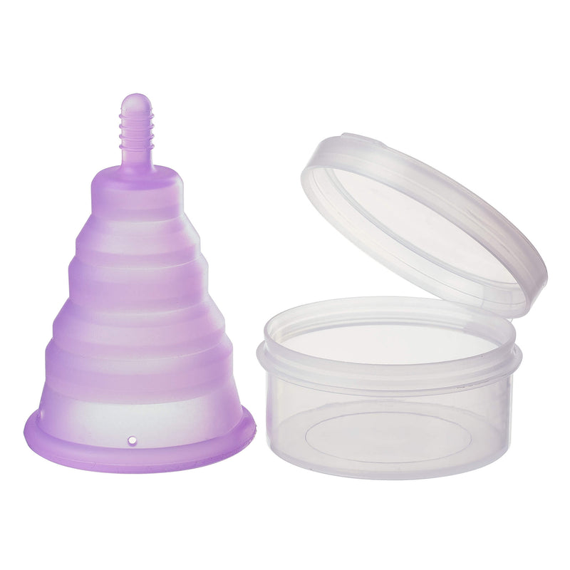 Travel period cup from the Cloud 9 Reusable Menstrual Cups kit sitting next to its container | Kinkly Shop