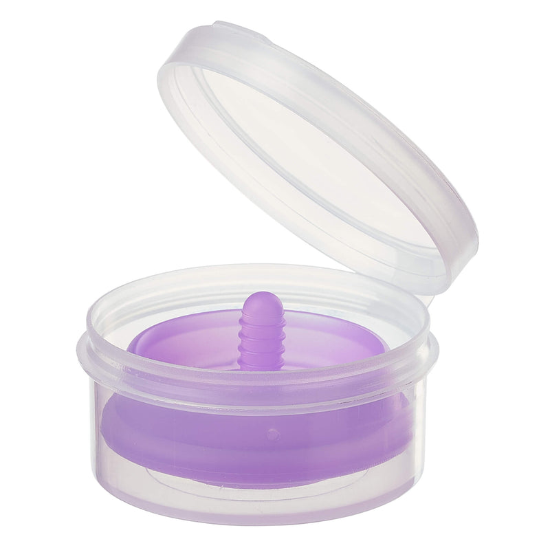 Showing the travel period cup fully compressed to a flat-like size that easily fits into the travel period cup case. Both are included in the Cloud 9 Reusable Menstrual Cups set. | Kinkly Shop
