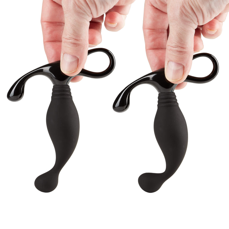 A side-by-side image shows the Cloud 9 Flexible Neck Prostate Stimulator being gripped by a hand upside down. On the left side, the Cloud 9 Flexible Neck Prostate Stimulator is left at-rest. On the right-hand version, the tip of the prostate massager is pressed into the ground to show how well it bends. | Kinkly Shop