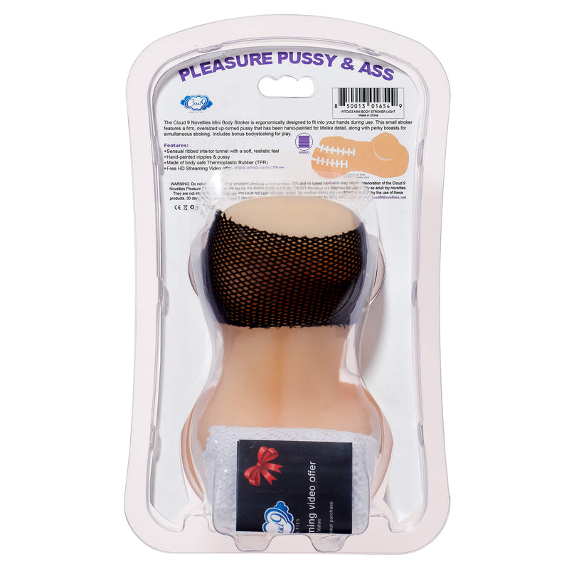 Backside of the packaging for the Cloud 9 Handheld Torso Stroker | Kinkly Shop