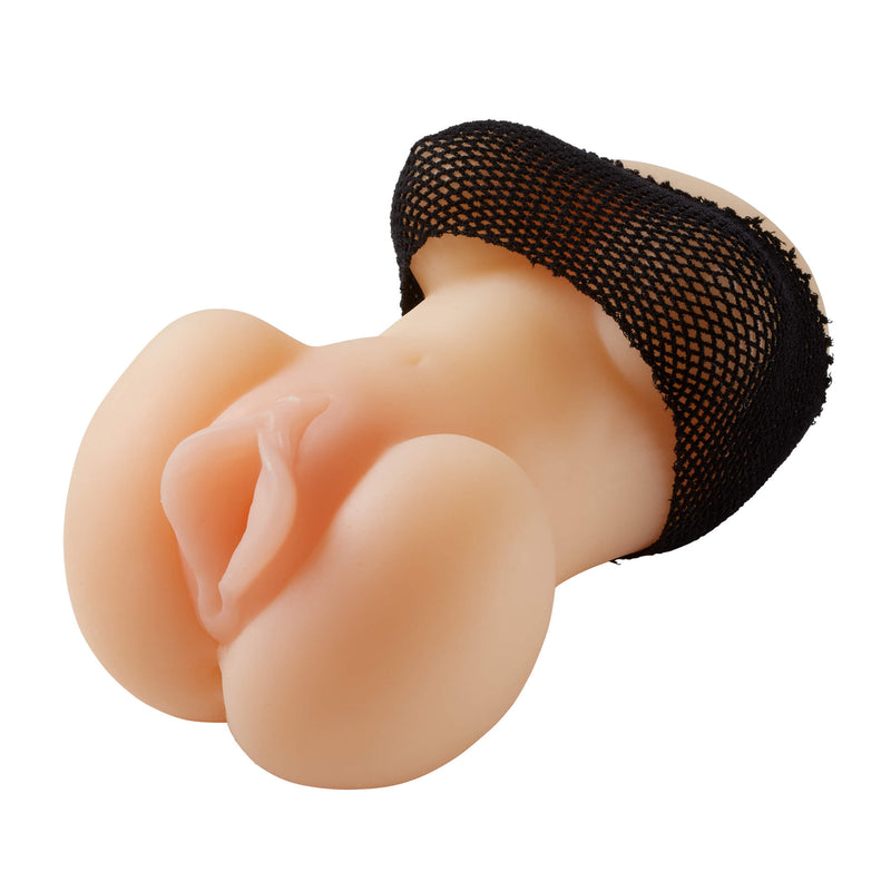 Close-up of the Cloud 9 Handheld Torso Stroker in Pale while wearing its fishnet tube top decoration | Kinkly Shop