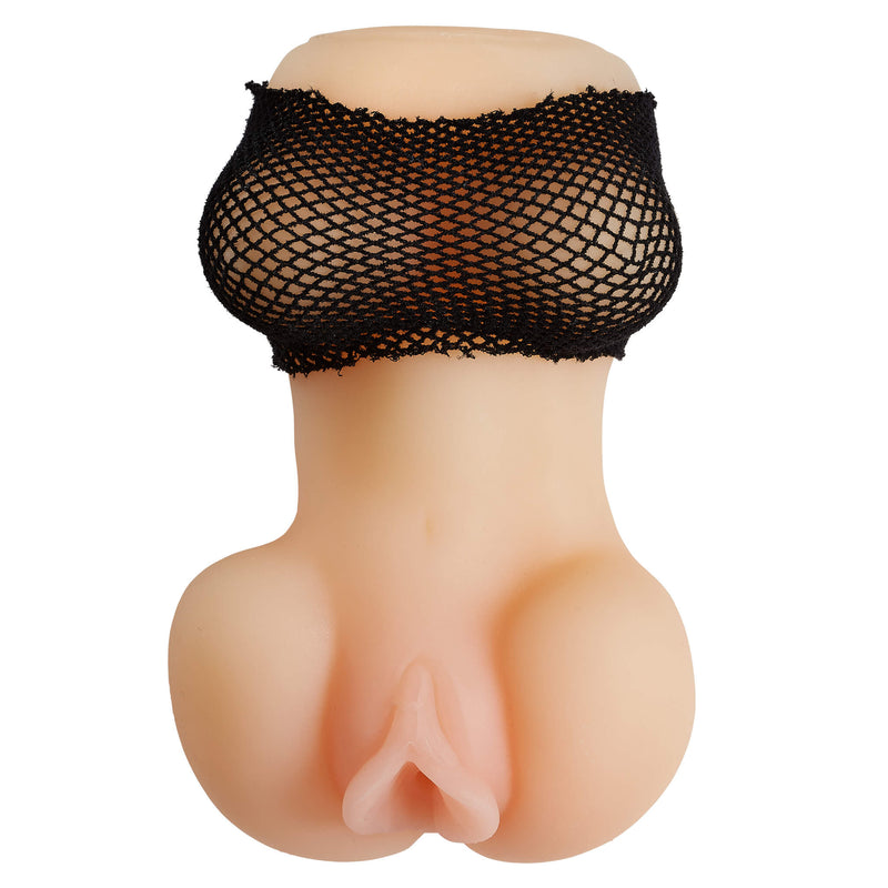 Top-down view of the Cloud 9 Handheld Torso Stroker in Pale. The stroker is adorned with its black fishnet tube top which looks like lingerie from this view. You can see the vaginal orifice decoration as well as the pseudo-"hips" on this penis stroker sleeve. | Kinkly Shop
