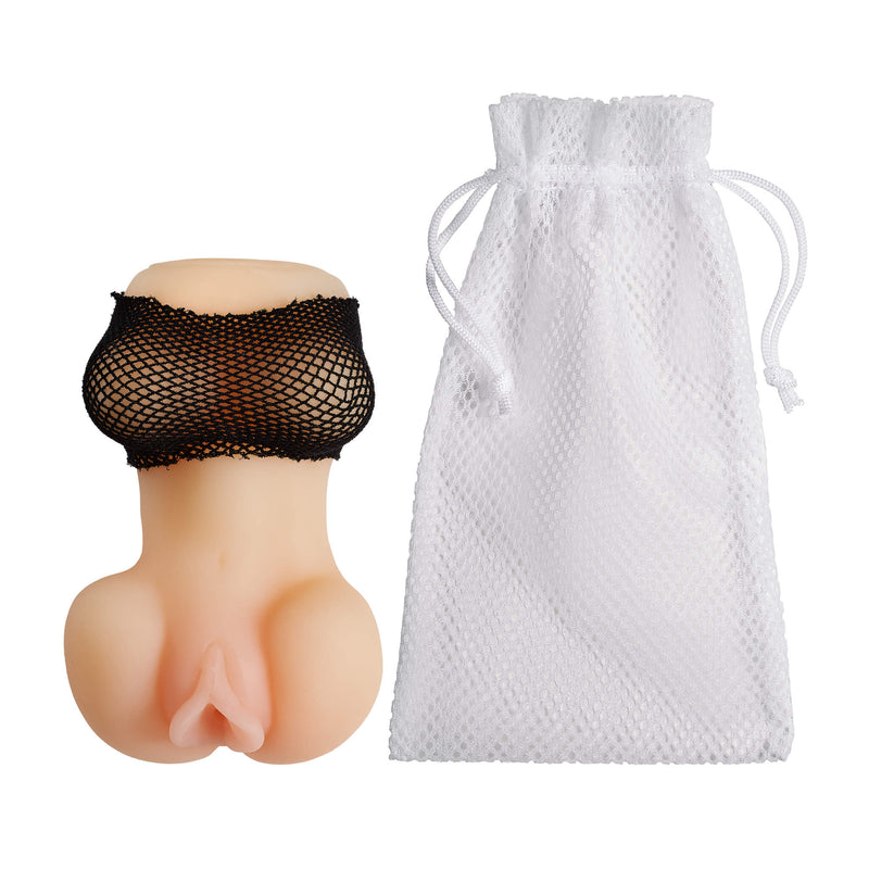 The Cloud 9 Handheld Torso Stroker in pale positioned next to its mesh, drawstring bag included for storage. | Kinkly Shop
