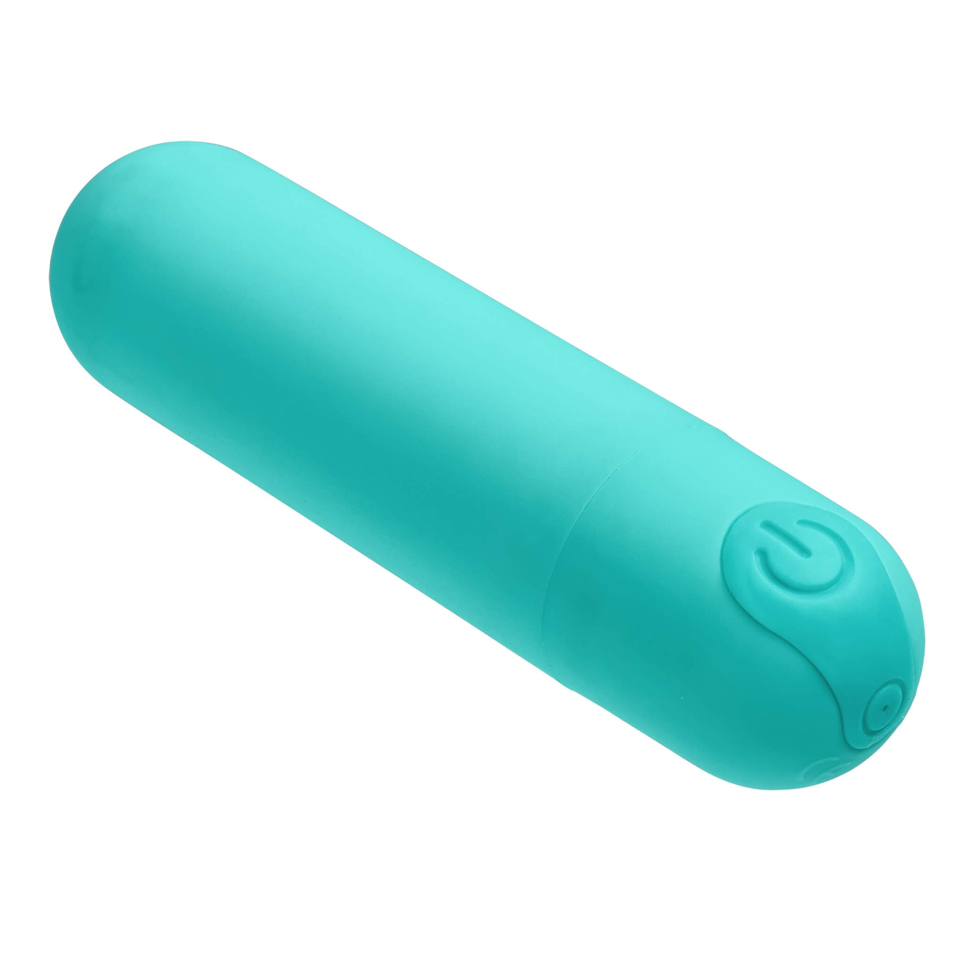 Image shows the plastic vibrator from the Cloud 9 Rocker Prostate Stimulator sitting out by itself without the prostate stimulator sheath on it. The image shows that this teal plastic vibrator is a small, portable, bullet vibrator. | Kinkly Shop