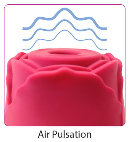 A close-up of the air suction hole on the top of the Cloud 9 Rose Suction Stimulator. The caption reads "Air Pulsation" and illustrated air pulses are shown coming away from the tip of the vibe. | Kinkly Shop