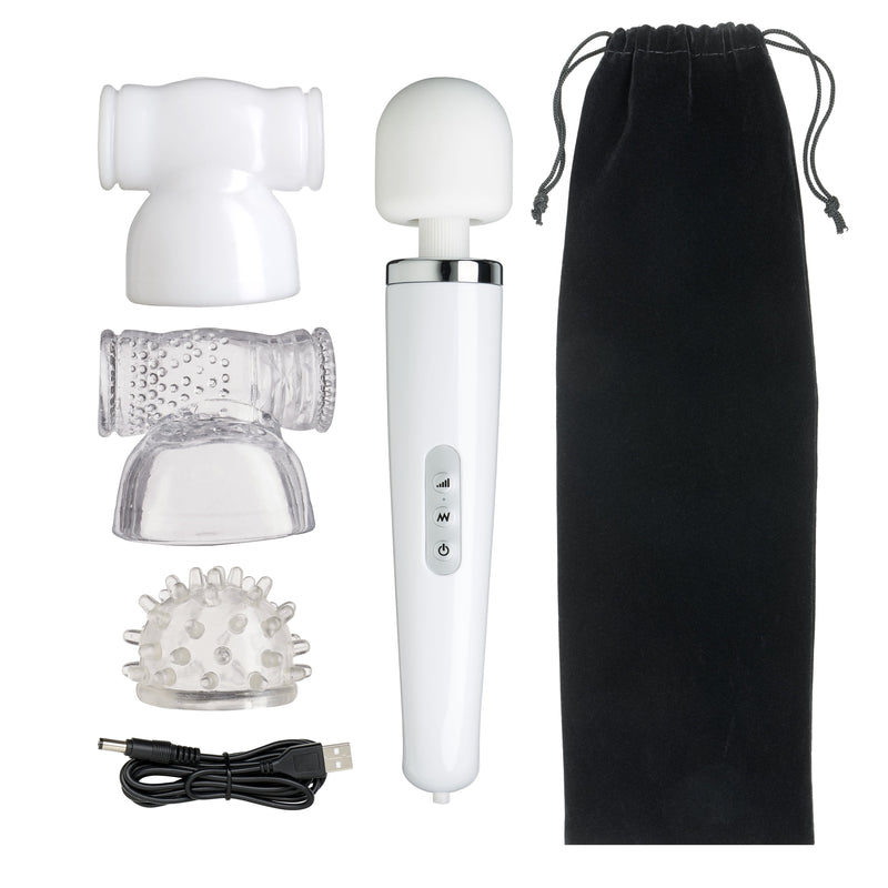Lay flat image of the Cloud 9 Wand Kit shows the wand massager, the black drawstring bag, the charging cable, and the three included wand massager attachments | Kinkly Shop