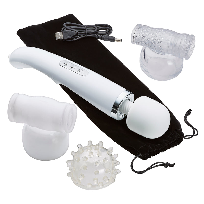 Cloud 9 Wand Kit laying flat with vibrator charging cable, the wand massager itself, the drawstring vibrator storage bag, and the included three attachments | Kinkly Shop