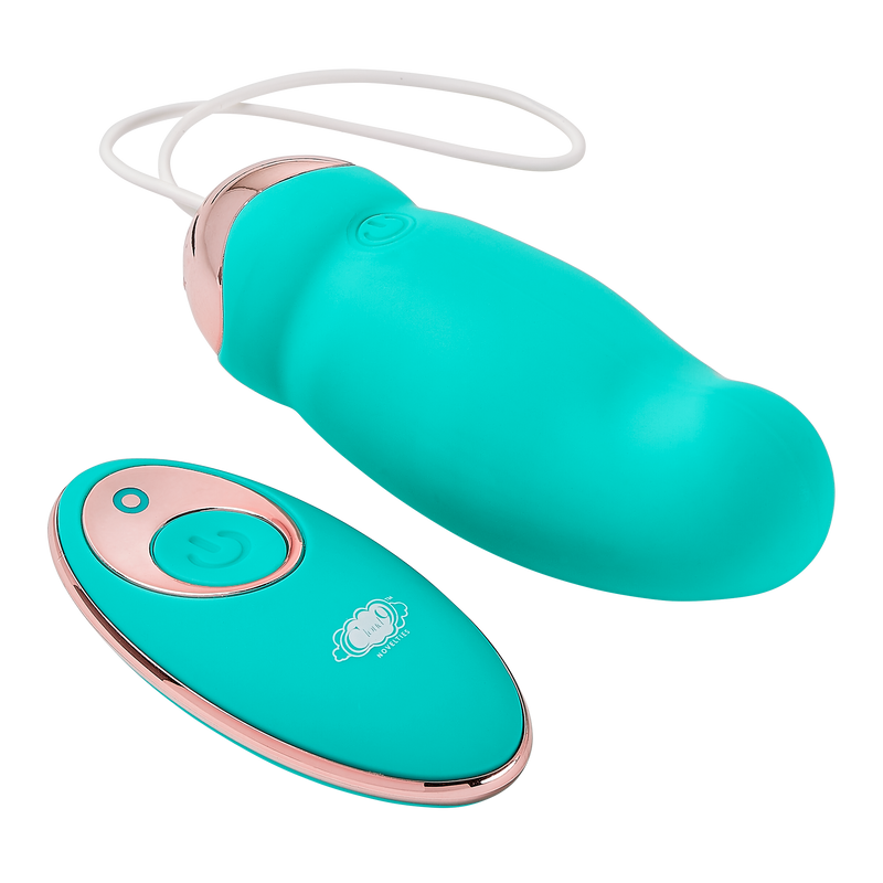 Swirling version of the Cloud 9 Wireless Remote Control Eggs next to its remote control. The twirling tip swirls in circles when the vibrator is inserted. | Kinkly Shop