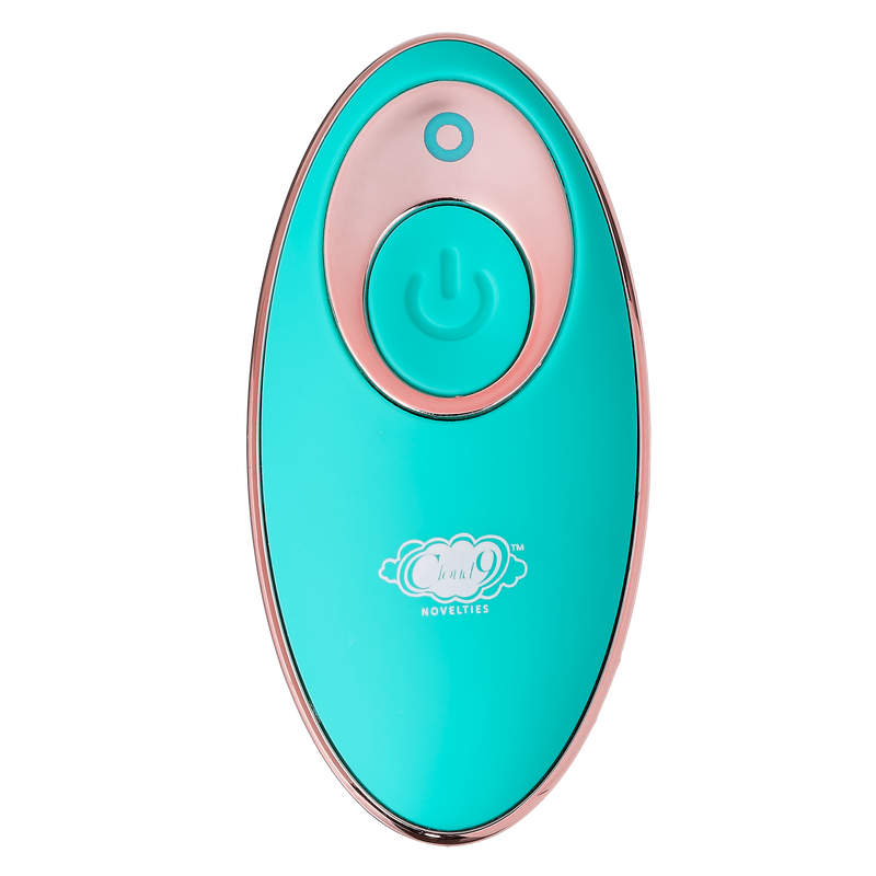 Remote control for the Cloud 9 Wireless Remote Control Eggs. It is oval-shaped, teal, and designed to fit into the palm of the hand. | Kinkly Shop