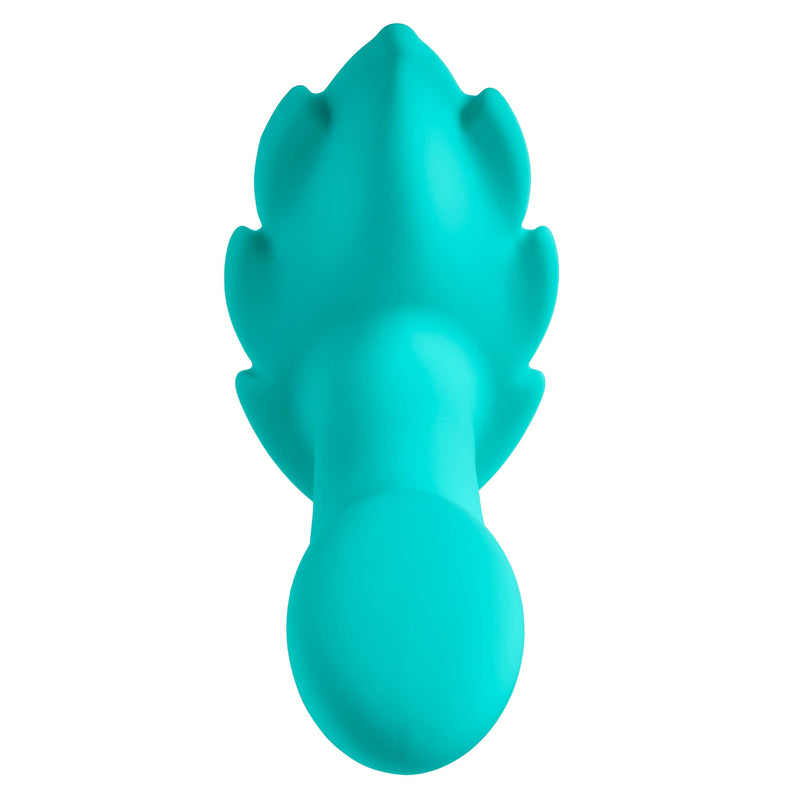 A shot straight down the Cloud 9 Wireless Remote Control Panty Leaf Vibe from tip to base shows the curvature of the base of the leaf. It has a pronounced ridge for external stimulation that would be particularly great for clitoral stimulation. | Kinkly Shop