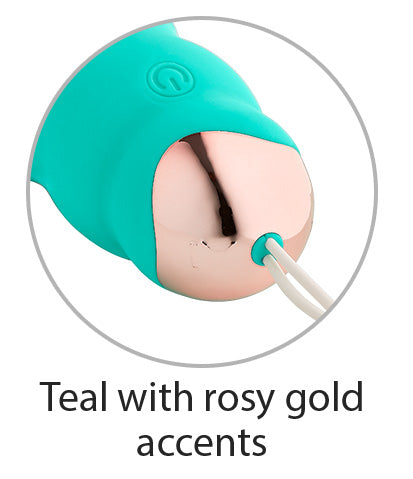 Image shows the base of the Cloud 9 Wireless Remote Control Eggs remote controlled egg vibrator where the metallic metal plate meets the teal silicone. Caption reads "Teal with Rosy Gold Accents" | Kinkly Shop