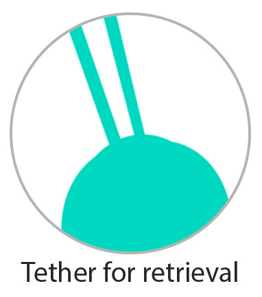 Illustration shows the retrieval cord at the base of the Cloud 9 Wireless Remote Control Eggs remote control vibrator for easy removal. Caption reads "Tether for retrieval" | Kinkly Shop