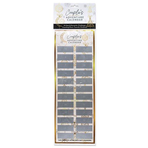 Couple's Advent-ure Calendar up against a black background. It looks like a long, rectangular item in white and gold coloration. There are 24 scratch-off "boxes" to scratch off to reveal the different challenges. | Kinkly Shop