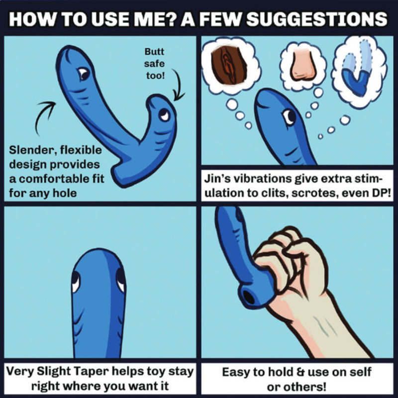 A comic about using the Cute Little Fuckers Jix. It has four panels and showcases different ways to use the Jix. The text reads "Slender, flexible design provides a comfortable fit for any hole. Butt safe too! Jin's vibrations give extra stimulation to clits, scrotes, even DP! Very slight taper helps toy stay right where you want it. Easy to hold and use on self or others!" | Kinkly Shop