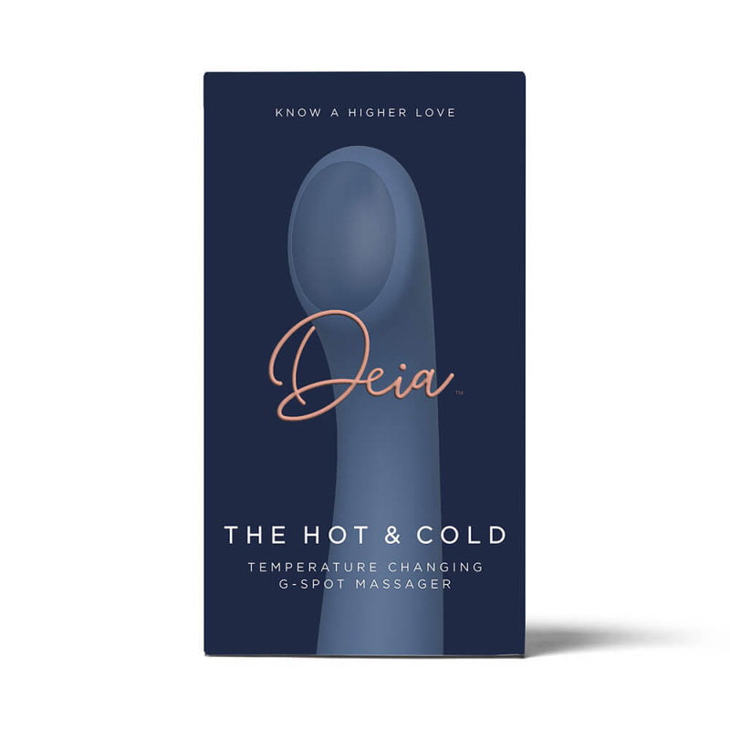 The Deia Hot & Cold Temperature Play Vibrator packaging in front of a plain white background. It looks luxurious. | Kinkly Shop