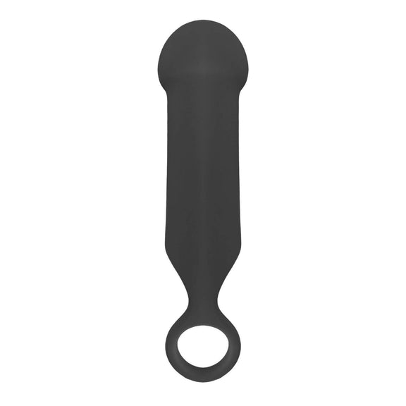 The Demon Kat Finger Bang up against a white background. It has a long, straight, untextured shaft with a tip that looks round and bulb-like. The "base" of the Demon Kat Finger Bang is a thin, stretchy ring that can be wrapped where it's comfortable for you. | Kinkly Shop