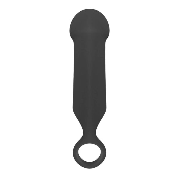 The Demon Kat Finger Bang up against a white background. It has a long, straight, untextured shaft with a tip that looks round and bulb-like. The "base" of the Demon Kat Finger Bang is a thin, stretchy ring that can be wrapped where it's comfortable for you. | Kinkly Shop