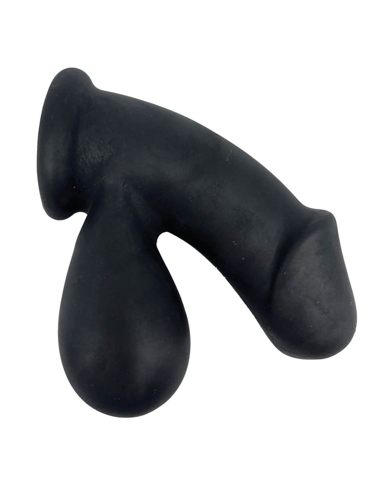 Side view of the Demon Kat Pack N Jack. The toy is shaped like a flaccid penis, and it has a pair of testicles that hang off the base of the shaft. | Kinkly Shop