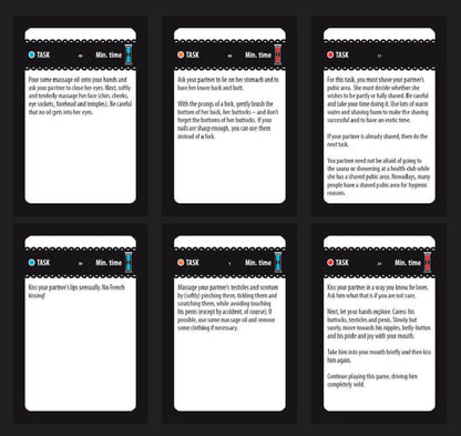 Example Task cards. Six different cards are shown - and each card includes an estimated time required as well. One of the cards reads: "Massage your partner's testicles and scrotum by (softly) pinching them, tickling them, and scratching them, while avoiding touching his penis (except by accident, of course). If possible, use some massage oil and remove some clothing if necessary." | Kinkly Shop