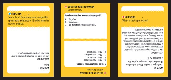 Example cards and style of the cards that are included in the game. One card reads: "True or False? The average man can eject his sperm up to a distance of 12 inches when he reaches a climax." and "Have I ever watched a sex movie by myself?" | Kinkly Shop