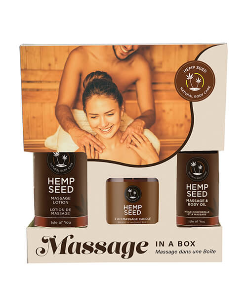 Earthly Body Massage in a Box in Isle of You variety. It shows all three bottles within the packaging with a smiling, happy couple on the front of the box. | Kinkly Shop