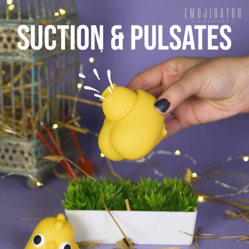 The Chickie's head is removed and laying to the side while a hand holds the body only of the vibrator. The air suction hole inside of the toy is shown. Text on the image reads "Suction and Pulsates" while illustrated wave-y lines come out from the air suction hole of the toy. | Kinkly Shop