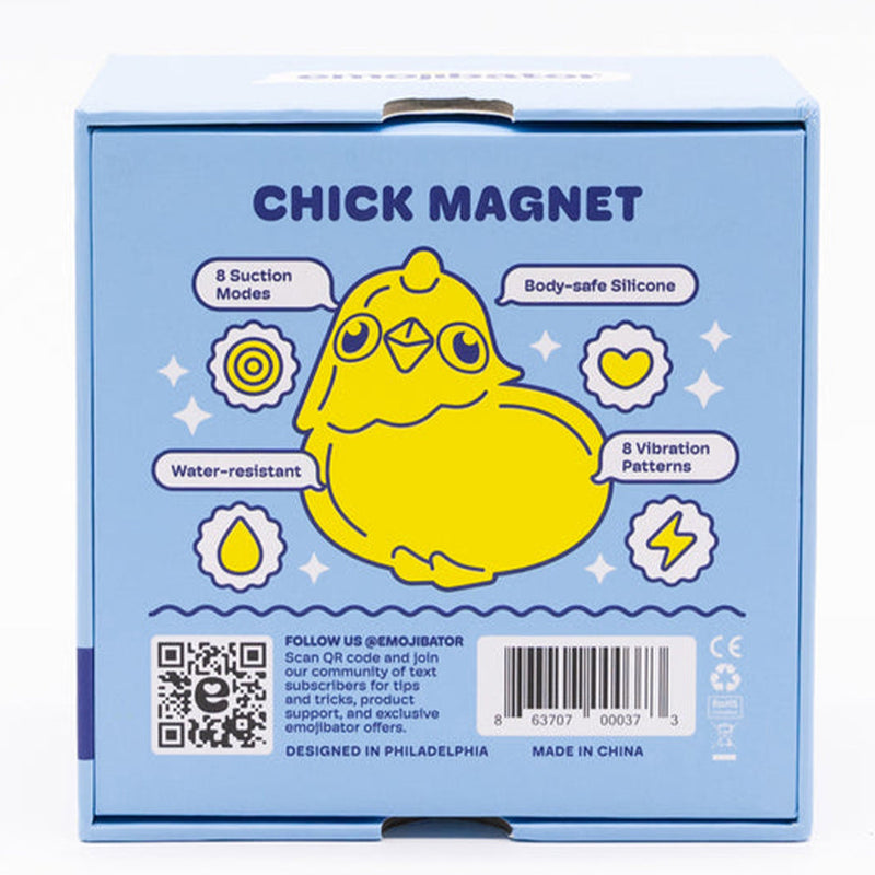 Backside of the packaging for the Emojibator Chickie. It says "Chick Magnet" with an illustration of the vibe's shape including the text: 8 Suction Modes, Water-resistant, 8 Vibration patterns, Body-safe silicone. | Kinkly Shop