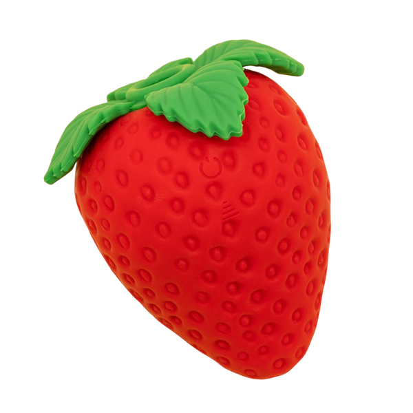 Emojibator Strawberry in front of a transparent background. It has four "leaves" at the tip of the vibrator with a genuine strawberry shape. The Strawberry includes "seed" puckering throughout the entire surface of it. The Power button and Level button can faintly be seen on the surface of the Strawberry in this photo. | Kinkly Shop
