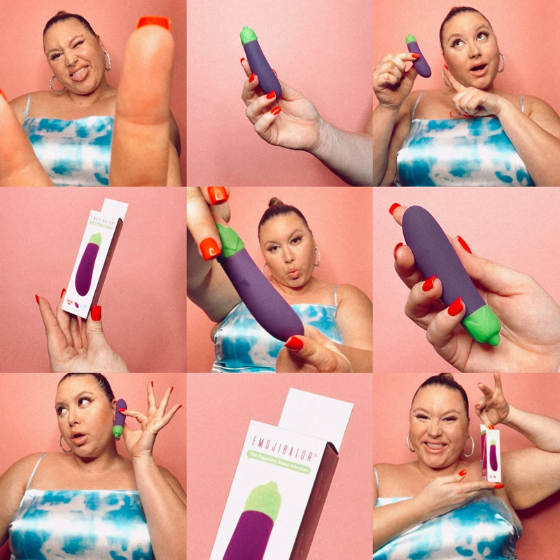 A collage of 9 photos show a person doing a photobooth-style selfie session with the Emojibator Eggplant. They hold it up in various angles to showcase the size of the vibe and the realistic color of the toy in a bunch of playful positions and expressions. | Kinkly Shop