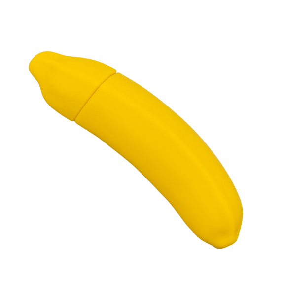 Emojibator Banana in front of a transparent background. It looks like a small, mini banana with a mostly-straight design with a slight curve. It's in a bright yellow that matches a banana yellow. | Kinkly Shop