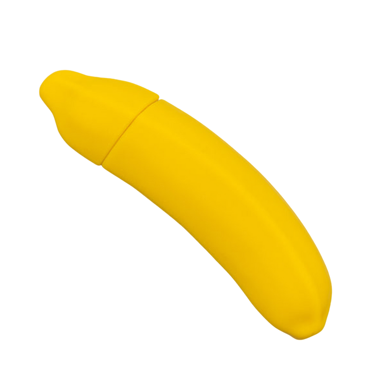 Emojibator Banana in front of a transparent background. It looks like a small, mini banana with a mostly-straight design with a slight curve. It's in a bright yellow that matches a banana yellow. | Kinkly Shop