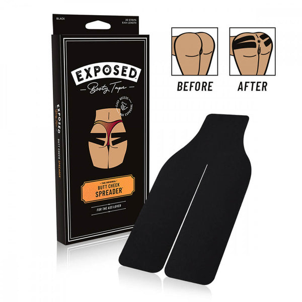 Exposed Booty Tape shown in front of its packaging. A small image in the corner shows a booty that hasn't been taped - and then a booty that has been taped with the Exposed Booty Tape. | Kinkly Shop